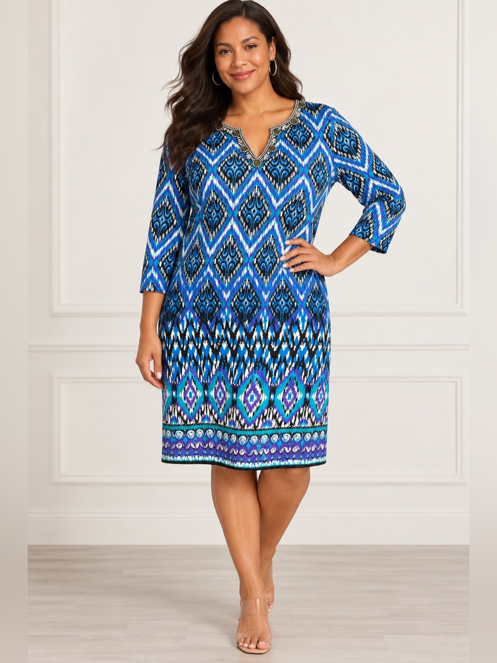 Chico’s Women’s XL Blue Purple Black Ikat Print Embellished Beaded Tunic Dress